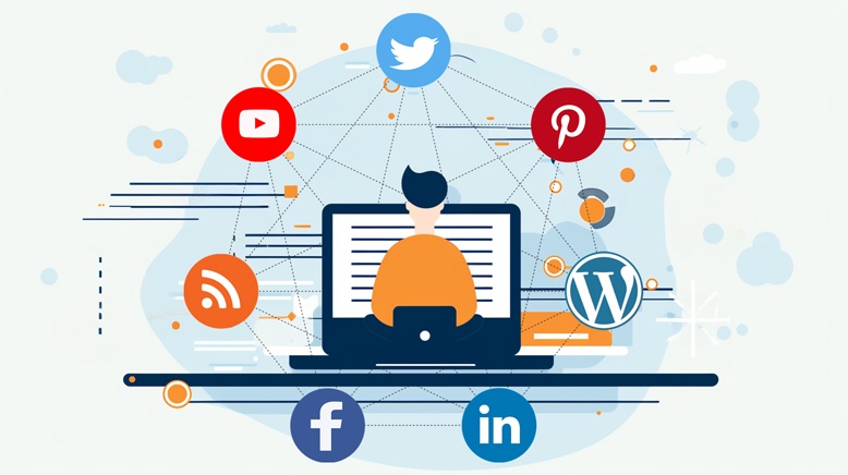 Person am Laptop umgeben von Social-Media-Symbolen.